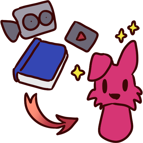 image of an arrow pointing from a book, a video and a film camera to a pink dog